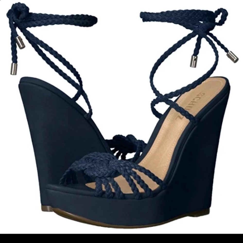 SCHUTZ NAVY SUEDE WEDGES w BRAIDED STRAPPY TASSELS, OPEN TOE, STRAPPY (NWOT)